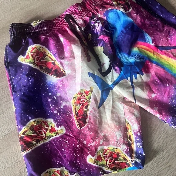 Taco Cat Riding Shark Rainbow Men’s Swim Trunks Size Large - Picture 3 of 17